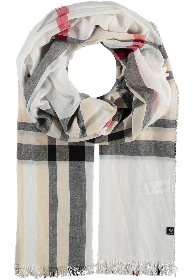 Gran bufanda a cuadros que presenta una mezcla de colores gris, blanco, beige y rojo. Textura suave con bordes deshilachados y etiqueta de marca.