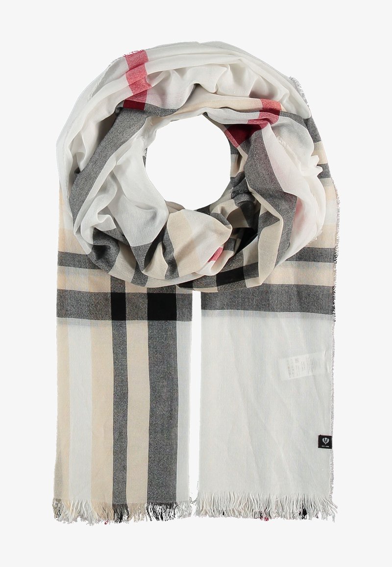 Gran bufanda a cuadros que presenta una mezcla de colores gris, blanco, beige y rojo. Textura suave con bordes deshilachados y etiqueta de marca.