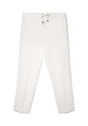 Weiße Freizeithosen mit Kordelzugbund, seitlichen Taschen und umgeschlagenen Säumen, dargestellt vor einem einfarbigen weißen Hintergrund.