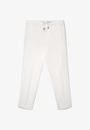 Weiße Freizeithosen mit Kordelzugbund, seitlichen Taschen und umgeschlagenen Säumen, dargestellt vor einem einfarbigen weißen Hintergrund.