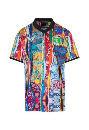 Multicolored short-sleeve football jersey with black collar, abstract vertical patterns, white logo on left chest, and green club badge on right chest.