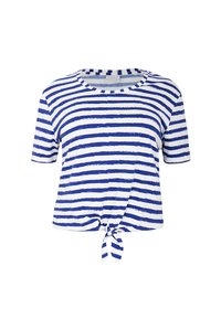 Gestreiftes T-Shirt in Blau und Weiß, kurze Ärmel, runder Ausschnitt, Knoten-Frontdetail, aus weichem Stoff mit einem lockeren Schnitt.