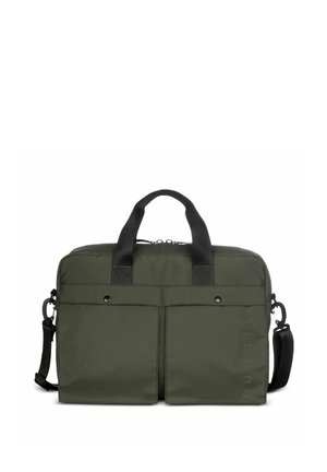 Olivgrüne rechteckige Tasche mit schwarzen Griffen, zwei vorderen Taschen mit Druckknöpfen und verstellbarem Schultergurt.