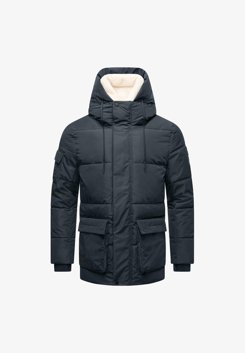 Jūrininkų pūkuotas švarkas su aukštu apykakle ir kailio pamušalu. Yra priekinės kišenės, reguliuojama kapušoninė ir gumbuoti rankogaliai. Lygus paviršius.