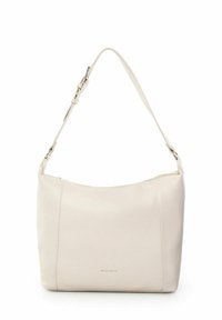 Beige læder skuldertaske med en glat overflade, buet topkant og justerbar rem. Har subtil branding på forsiden.