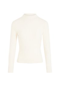 Maglione a maniche lunghe di colore crema, in maglia a costine, con collo rotondo alto e silhouette aderente.
