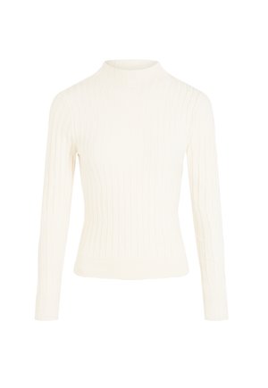Maglione a maniche lunghe di colore crema, in maglia a costine, con collo rotondo alto e silhouette aderente.