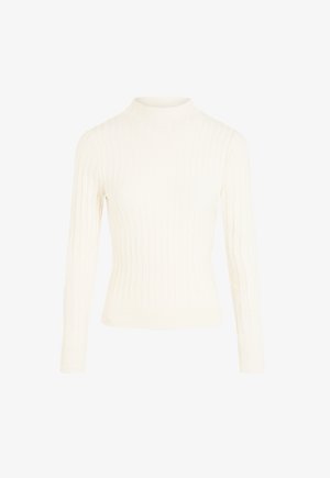 Pull à manches longues en tricot côtelé de couleur crème avec un col rond haut et une silhouette ajustée.
