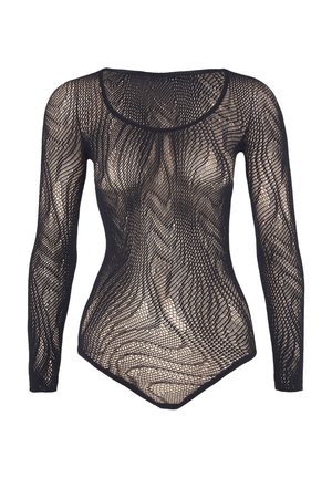 Svart långärmad bodysuit i meshmaterial med ett vågmönster, scoop-nacke och figurnära passform. Strukturerad yta hela vägen.