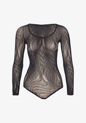 Svart långärmad bodysuit i meshmaterial med ett vågmönster, scoop-nacke och figurnära passform. Strukturerad yta hela vägen.