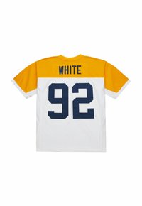 Weißes Sporttrikot mit gelben Kurzärmeln, auf der Rückseite mit "WHITE" in schwarzem Text und der Nummer "92" in Marineblau.