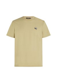 Svetlá khaki tričko s krátkym rukávom vyrobené z mäkkej bavlny. Obsahuje malé čierno-biele logo na ľavej hrudi. Jednoduchý dizajn s okrúhlym výstrihom.