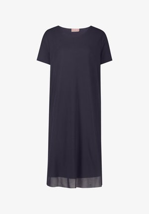 Robe courte bleu marine foncé à manches courtes, longueur genou, avec encolure ronde et détail transparent à l'ourlet, présentée sur fond blanc.