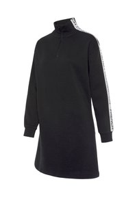 Schwarzes Sweatshirtkleid mit hohem Kragen, Viertel-Reißverschluss vorne, langen Ärmeln und weißem "FRENCH CONNECTION"-Text entlang der Seiten. Weicher Stoff.
