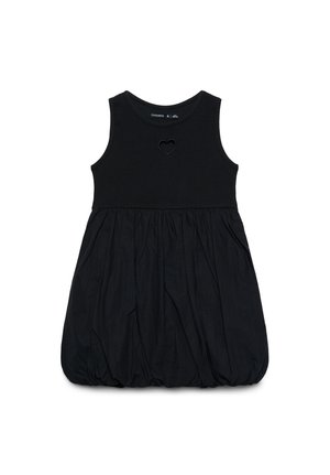 Abito nero senza maniche con top a coste, dettaglio a forma di cuore sul petto e gonna arricciata in stile balloon.