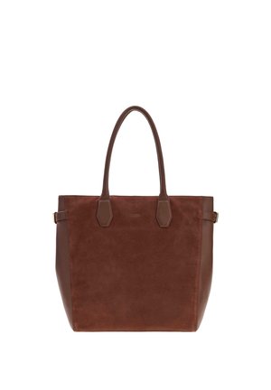 Sac fourre-tout en daim marron avec poignées et panneaux latéraux en cuir, présentant un design rectangulaire simple et spacieux.