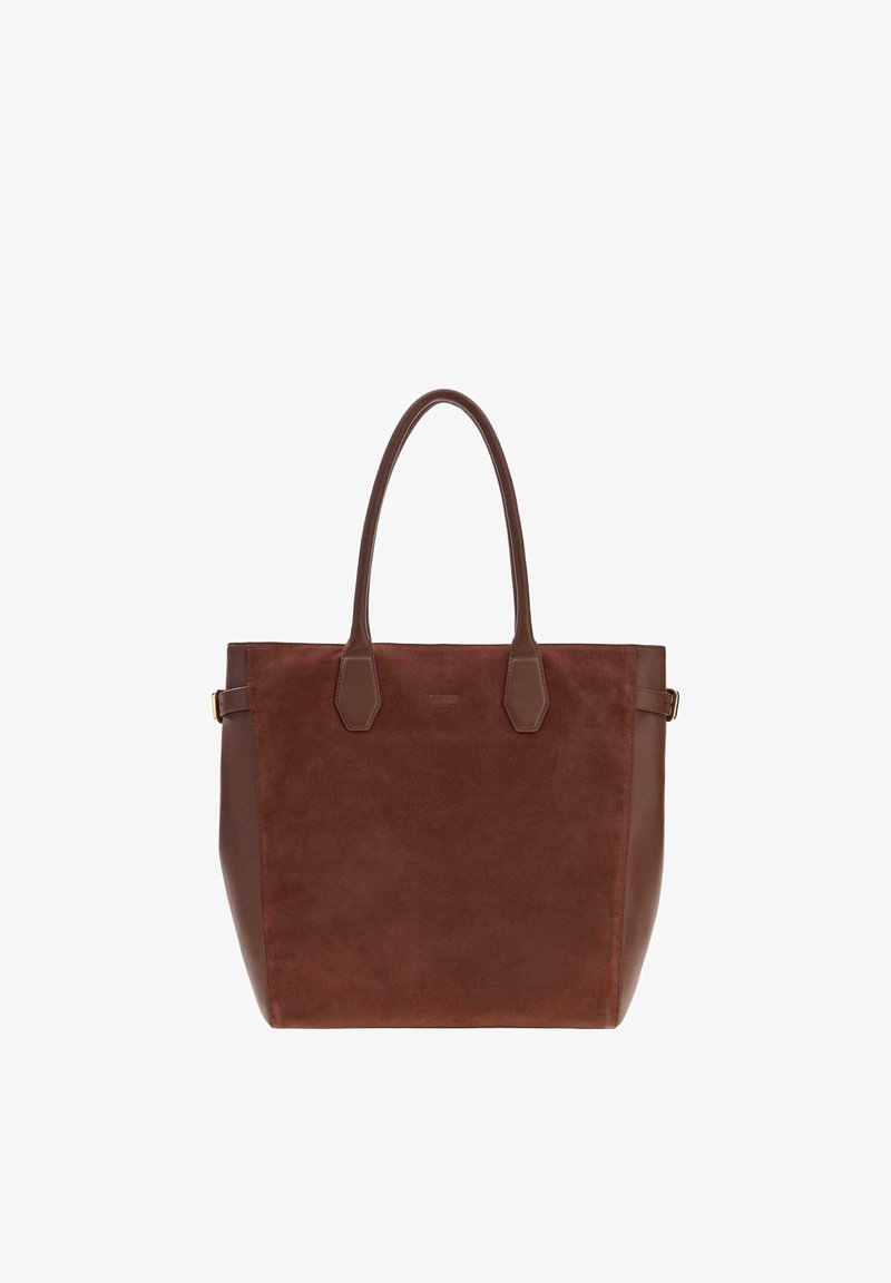 Sac fourre-tout en daim marron avec poignées et panneaux latéraux en cuir, présentant un design rectangulaire simple et spacieux.