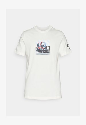 White cotton t-shirt featuring a graphic print of a futuristic vehicle with a circular design, displayed against a light blue geometric background.