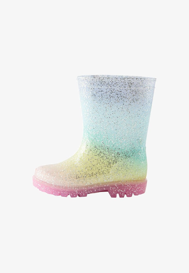 Glitzernder pastellfarbener Gummistiefel aus transparentem Material, mit einem Farbverlauf aus Blau, Gelb und Pink, einer pinkfarbenen Gummisohle und einem strukturierten Profil.