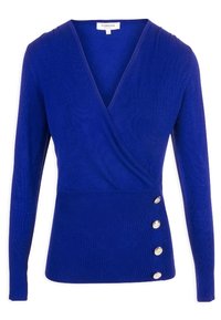 Blaues Wickeloberteil mit langen Ärmeln in gerippter Textur, mit tiefem V-Ausschnitt und fünf dekorativen Knöpfen entlang der Taille.