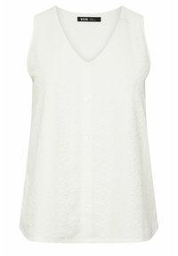 Top bianco senza maniche con scollo a V e chiusura a bottoni, caratterizzato da un motivo geometrico testurizzato. Tessuto liscio con una leggera lucentezza.