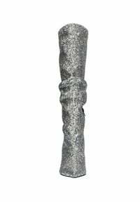Knee-high boot with silver glitter, slouchy design, smooth texture, pointed toe, and zipper detail on the side.