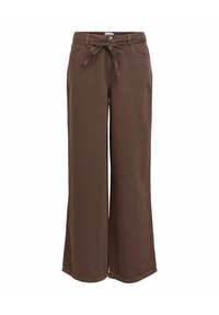 Pantalon marron à jambes larges en tissu doux, avec une taille à cordon, des poches avant et des ourlets nets.