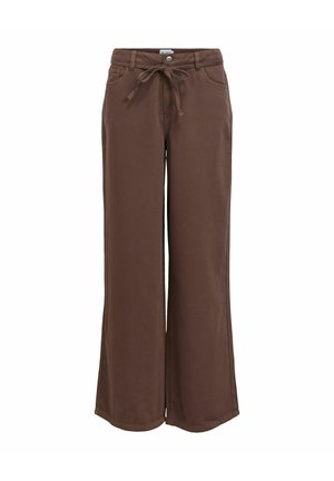 Brūnas platām kājām bikses no mīksta auduma ar regulējamu auklu jostasvietā, priekšējiem kabatām un tīriem apakšmalām.