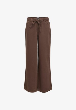 Brune vide bukser i mykt stoff, med snøring i midjen, frontlommer og rene kanter.