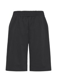 Shorts à taille élastique noire avec poches latérales, longueur au genou, en tissu doux, adaptés pour une tenue décontractée ou sportive.