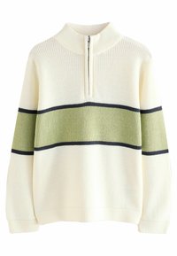 Maglione lavorato a maglia bianco con colletto alto, dotato di zip frontale, strisce orizzontali verdi e navy, e polsini e orlo a costine.