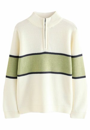 Weißer Strickpullover mit hohem Kragen, einschließlich eines Reißverschlusses vorne, grünen und marineblauen horizontalen Streifen sowie gerippten Bündchen und Saum.
