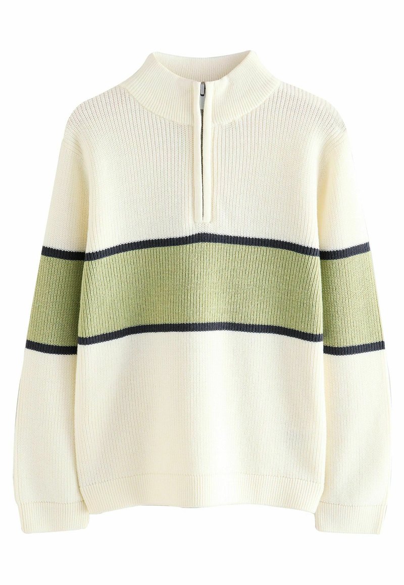 Maglione lavorato a maglia bianco con colletto alto, dotato di zip frontale, strisce orizzontali verdi e navy, e polsini e orlo a costine.