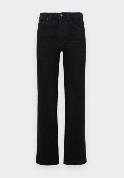 Black denim jeans with a high-rise waist, straight leg cut, five-pocket design, and a front button closure. Smooth texture, minimal detailing.