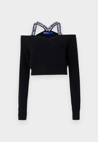 Schwarzer, verkürzter Pullover mit gerippter Textur, schulterfreiem Design und langen Ärmeln. Verfügt über gebrandete Träger in Weiß und Blau.
