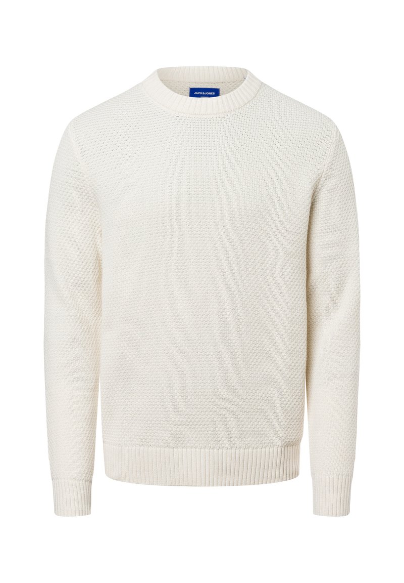 Suéter blanco de punto con cuello redondo, patrón texturizado y puños y bajo acanalados. Fabricado con un material suave adecuado para usar en capas.