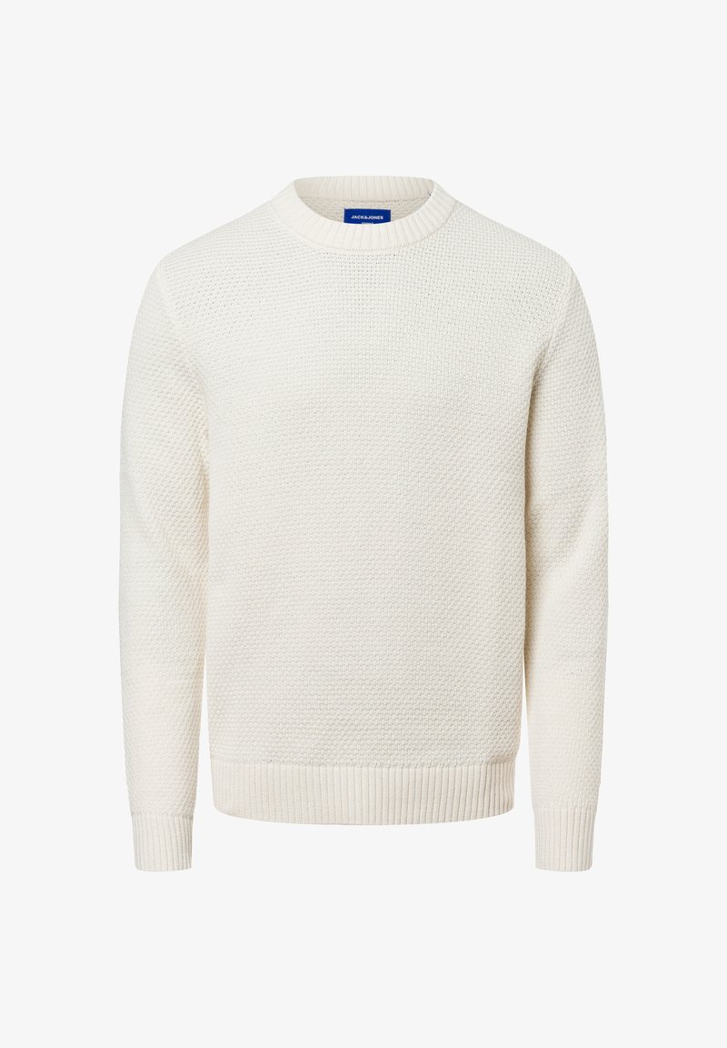 Suéter blanco de punto con cuello redondo, patrón texturizado y puños y bajo acanalados. Fabricado con un material suave adecuado para usar en capas.