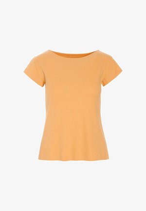 Haut en maille côtelée à manches courtes, couleur orange chaud, avec un col rond et un ourlet légèrement évasé.