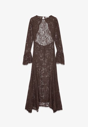 Long brown lace dress with bell sleeves, round neckline, and sheer floral pattern throughout the fabric.