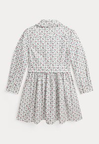 Floral dress featuring a white background, long sleeves, collared neck, and small red and green flower patterns; gathered skirt section.