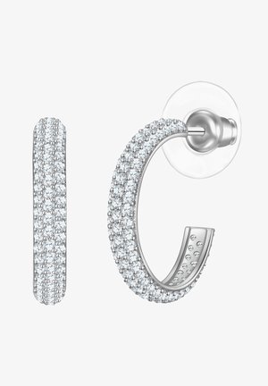 Orecchini a cerchio in argento adornati con numerosi piccoli gemstone trasparenti, caratterizzati da un design liscio e arrotondato con una finitura lucida.