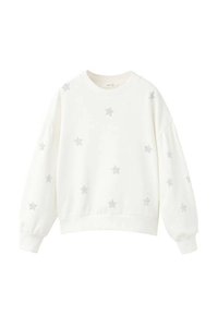 Biela mikina so striebornými hviezdnymi vzormi, s okrúhlym výstrihom a dlhými rukávmi so spustenými ramenami. Mäkká látka a rebrované lemovanie na spodnej strane.