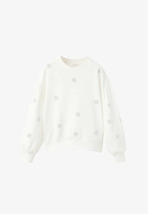 Sweat-shirt blanc avec motifs d'étoiles argentées, col rond et manches longues à épaules tombantes. Tissu doux et détails de bordure côtelée.