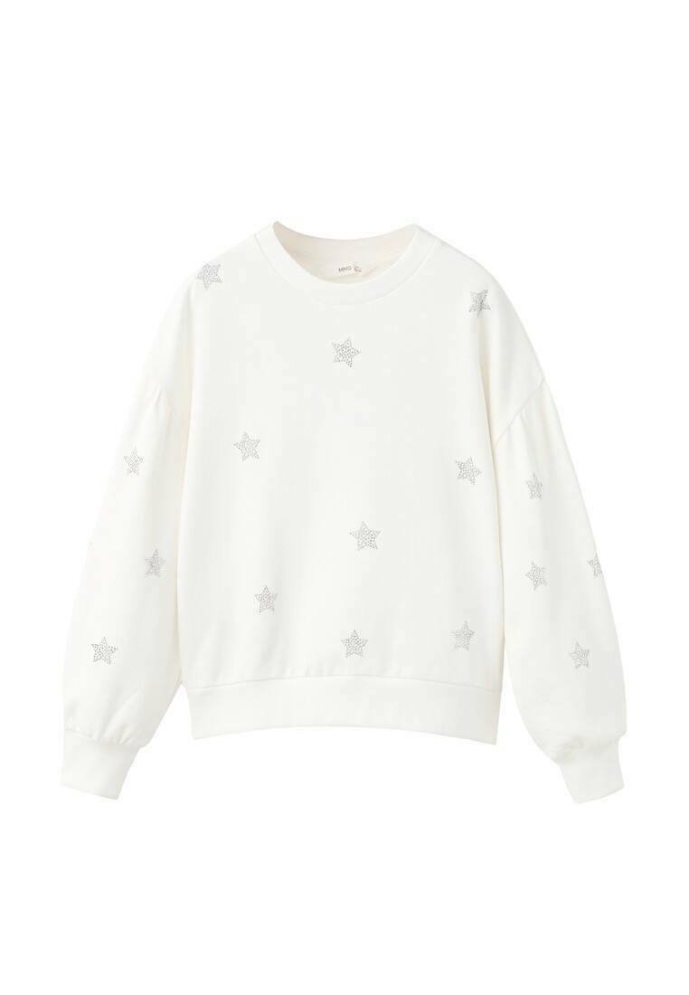 Biela mikina so striebornými hviezdnymi vzormi, s okrúhlym výstrihom a dlhými rukávmi so spustenými ramenami. Mäkká látka a rebrované lemovanie na spodnej strane.
