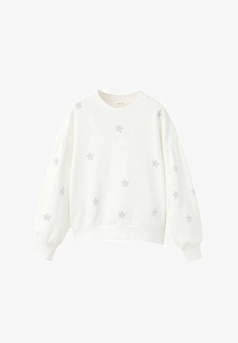 Biela mikina so striebornými hviezdnymi vzormi, s okrúhlym výstrihom a dlhými rukávmi so spustenými ramenami. Mäkká látka a rebrované lemovanie na spodnej strane.