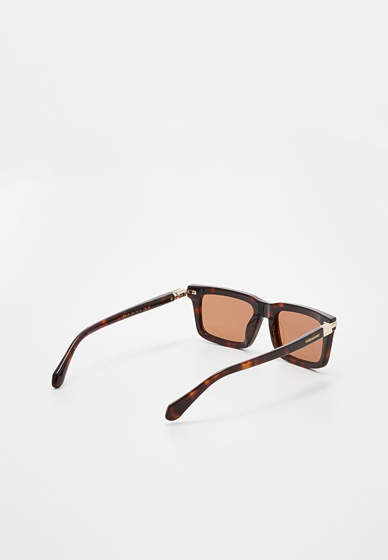 Lunettes de soleil en écaille de tortue avec des verres marron, monture carrée, accents dorés sur les tempes et texture lisse.