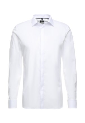 White long-sleeve shirt made of smooth fabric, featuring a classic collar, button front, and cuffed sleeves. No patterns or embellishments.