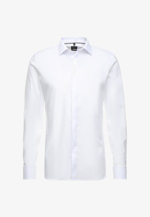 Camicia bianca a maniche lunghe in tessuto liscio, con colletto classico, frontale con bottoni e polsini. Senza motivi o decorazioni.