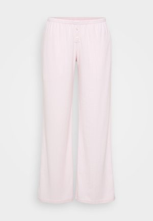 Lyse rosa pysjamasbukser laget av mykt materiale, med en vid benavgjørelse, elastisk midje og to frontknapper. Subtil teksturert mønster.