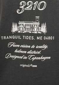 Αριθμός 3210 πάνω από μια εικόνα ενός κτιρίου με δέντρα, κείμενο "Tranquil Tides, ME 04801" και κομψό κείμενο που αναφέρει την περιοχή Holmen και την Κοπεγχάγη.